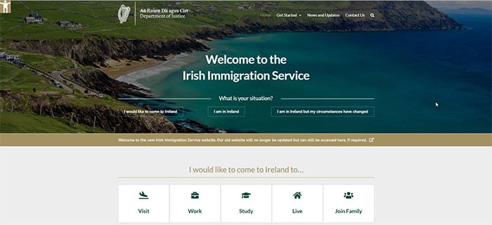Sitio web del Departamento de Inmigración Irlandés